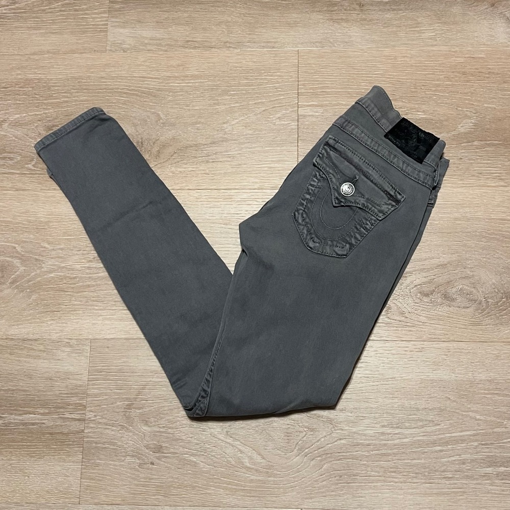 True Religion Misty Skinny Jeans Low Rise Flap Pocket Charcoal Gray Women's 26